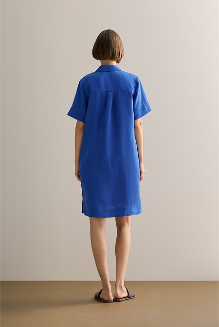 Linen Button Through Short Sleeve Shift Dress