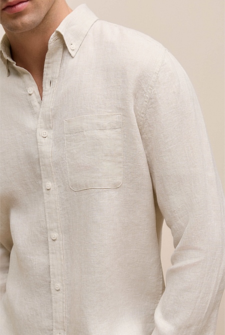 Regular Fit Linen Micro Check Long Sleeve Shirt
