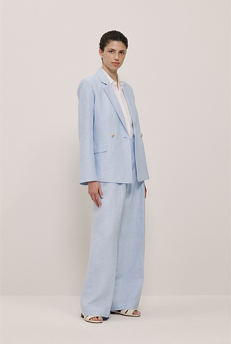 Yarn Dyed Linen Double Breasted Blazer