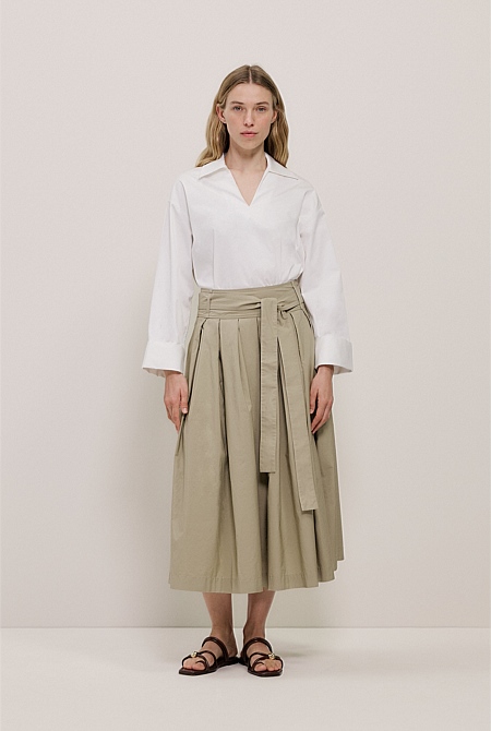 Poplin Pleated Midi Skirt