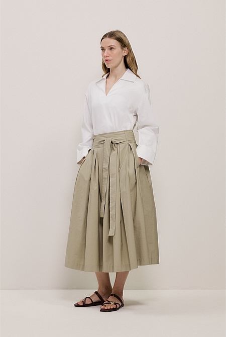 Poplin Pleated Midi Skirt