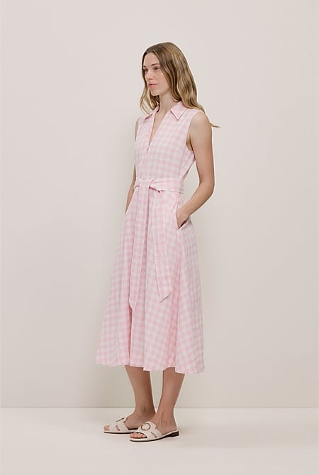 Gingham Linen Sleeveless Shirt Dress