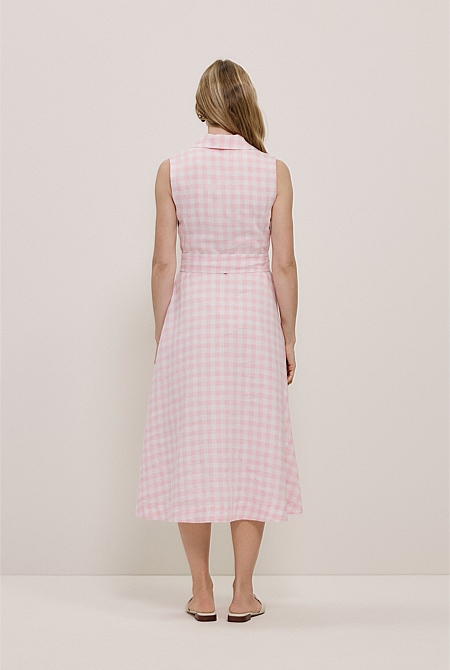 Gingham Linen Sleeveless Shirt Dress