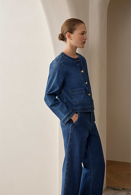 Collarless Cropped Denim Jacket Collarless Cropped Denim Jacket