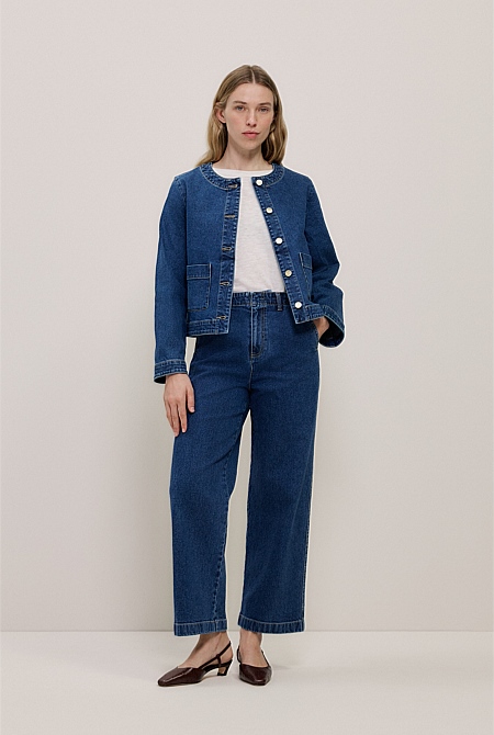 Collarless Cropped Denim Jacket