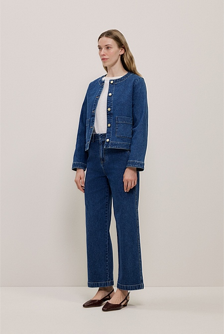 Collarless Cropped Denim Jacket