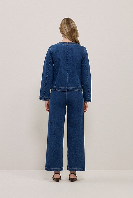 Collarless Cropped Denim Jacket