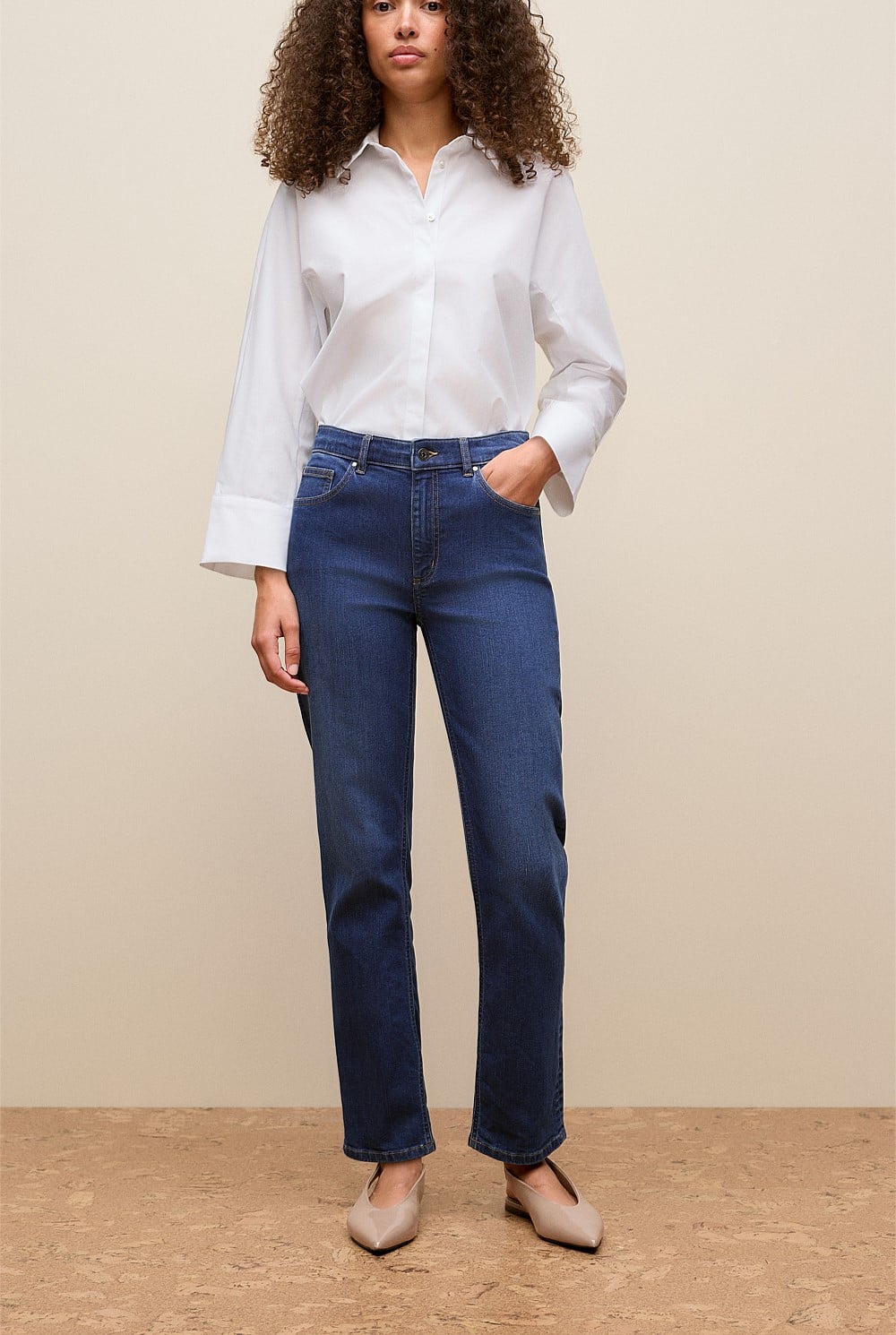 604.ladies ice wash stretch denim pants（Washed Indigo Mid Rise 
