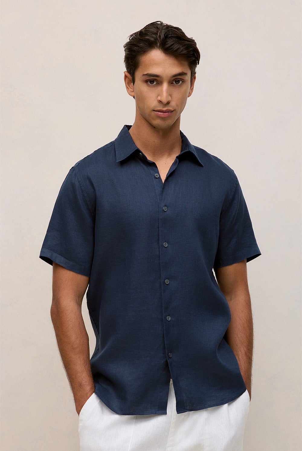 Navy Regular Fit Linen Short Sleeve Shirt - MEN Shirts | Trenery