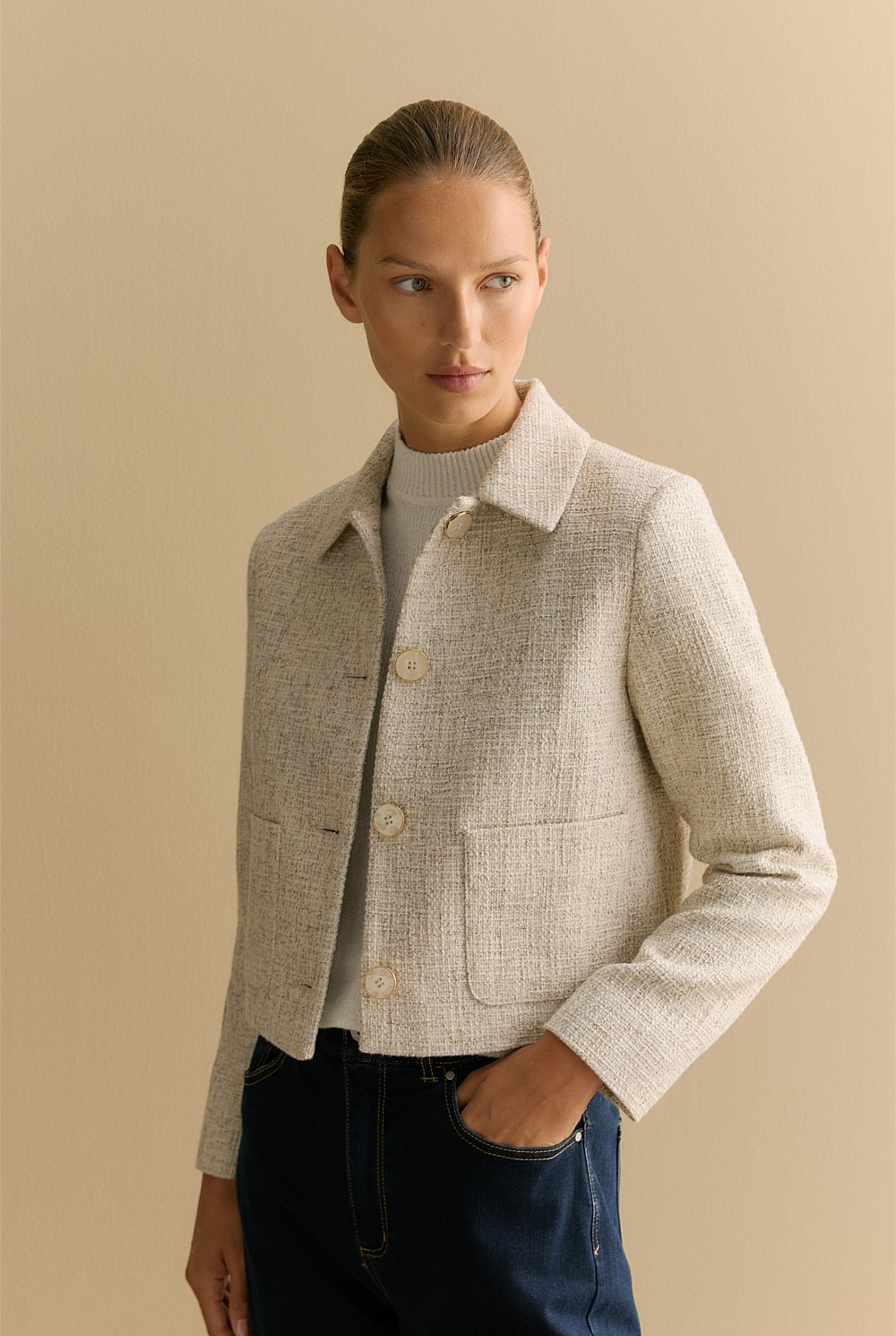 Ecru Yarn Dyed Tweed Cropped Jacket - WOMEN Outerwear | Trenery