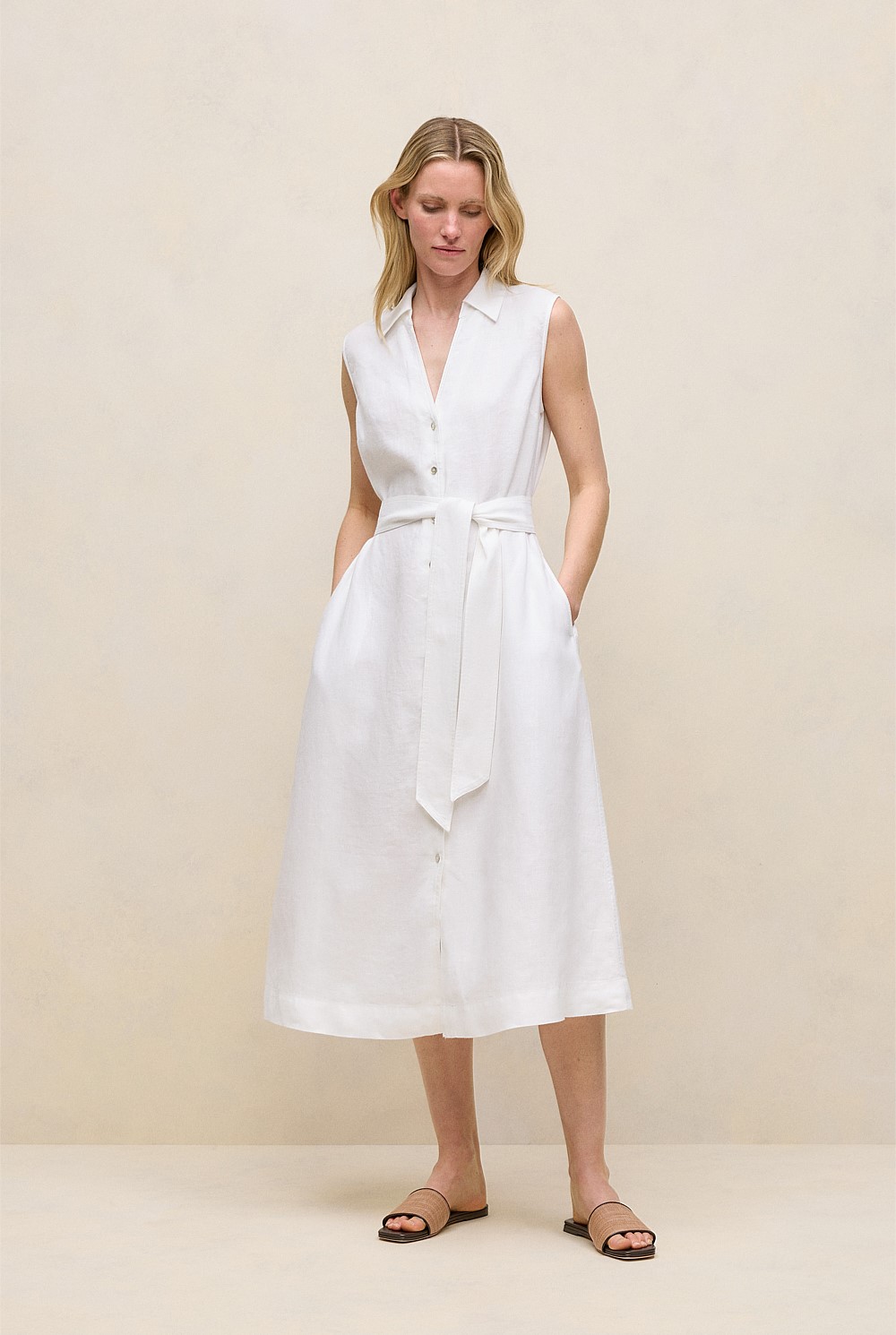 white sleeveless shirt dress Women's Reflection | | UPF 50+ This tennis dress brings together the ease of sportswear with modern design details White Linen Sleeveless Shirt Dress