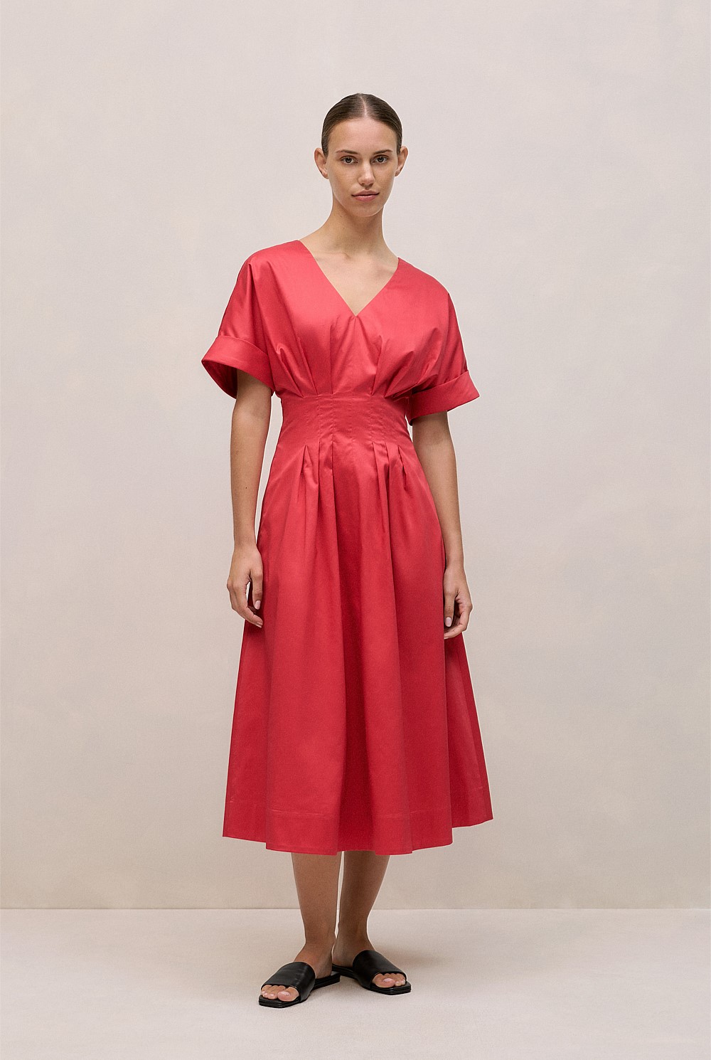 Crimson Cotton Sateen Pleat Waist Dress - WOMEN The Cotton Edit | Trenery
