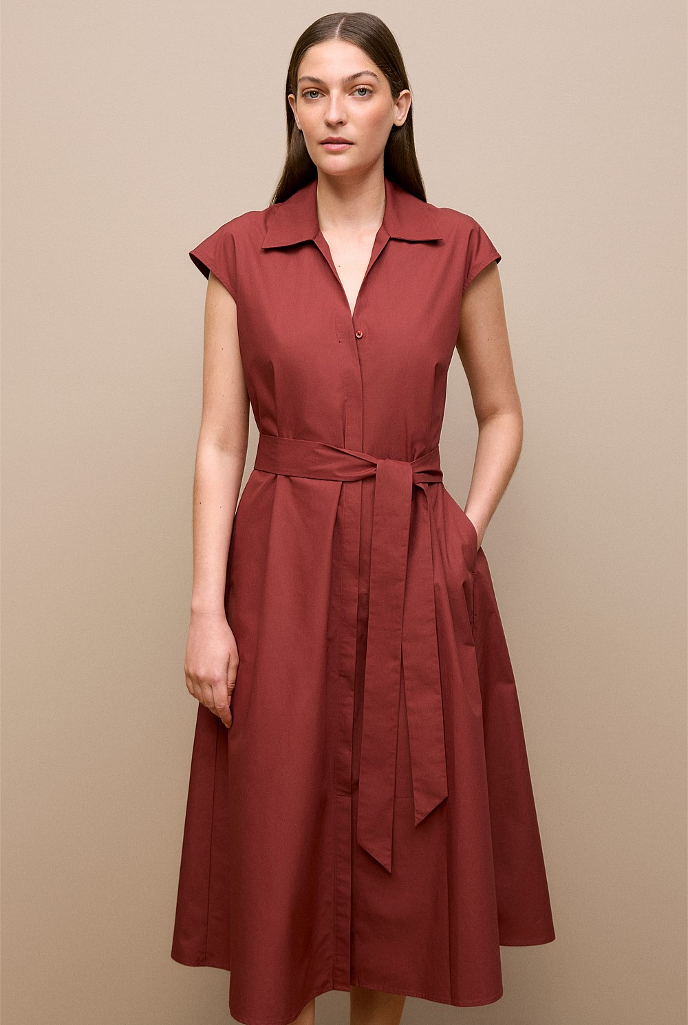 Deep Red Poplin Cap Sleeve Shirt Dress - WOMEN The Cotton Edit