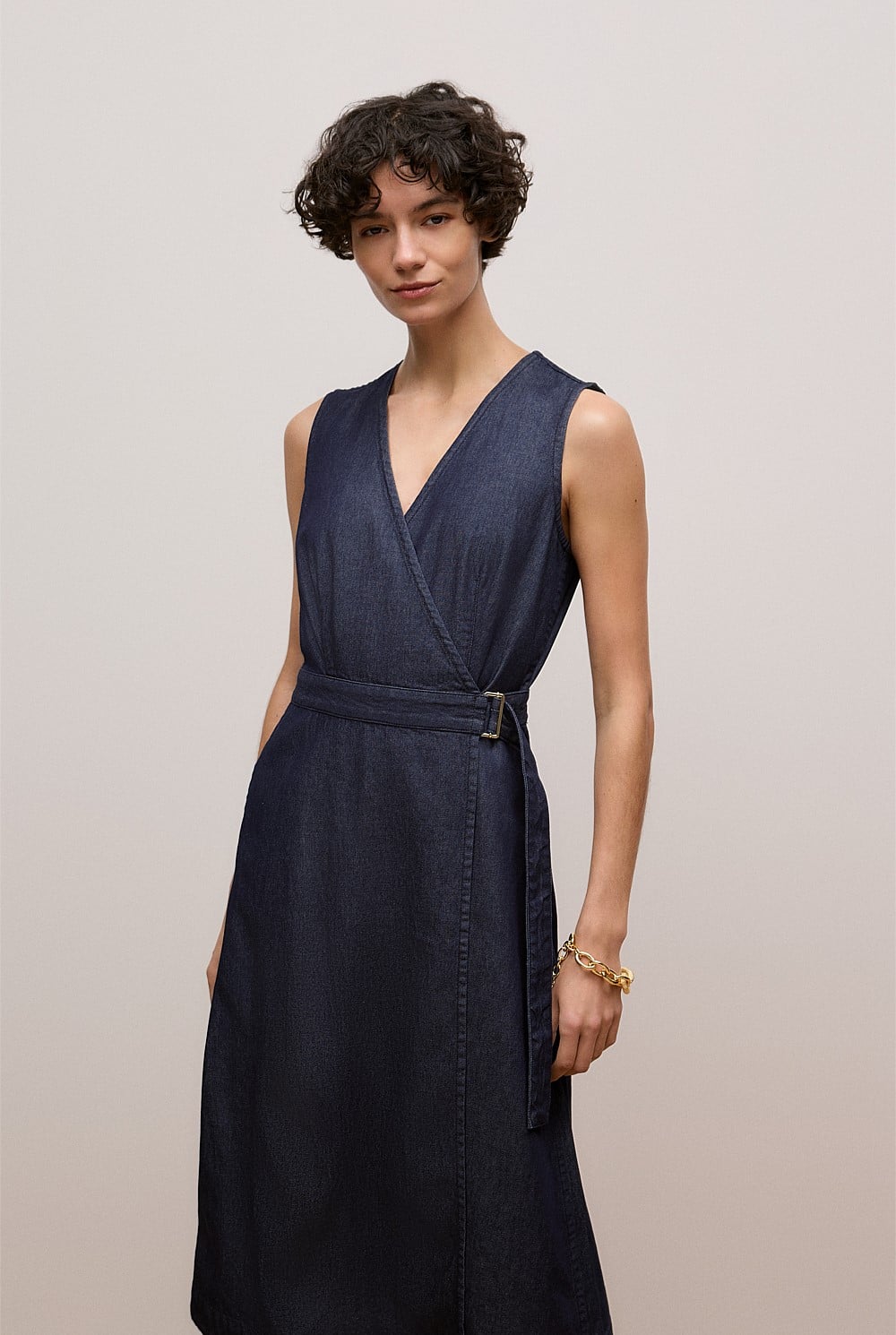 Indigo Rinse Denim Sleeveless Wrap Dress - WOMEN The Cotton Edit | Trenery