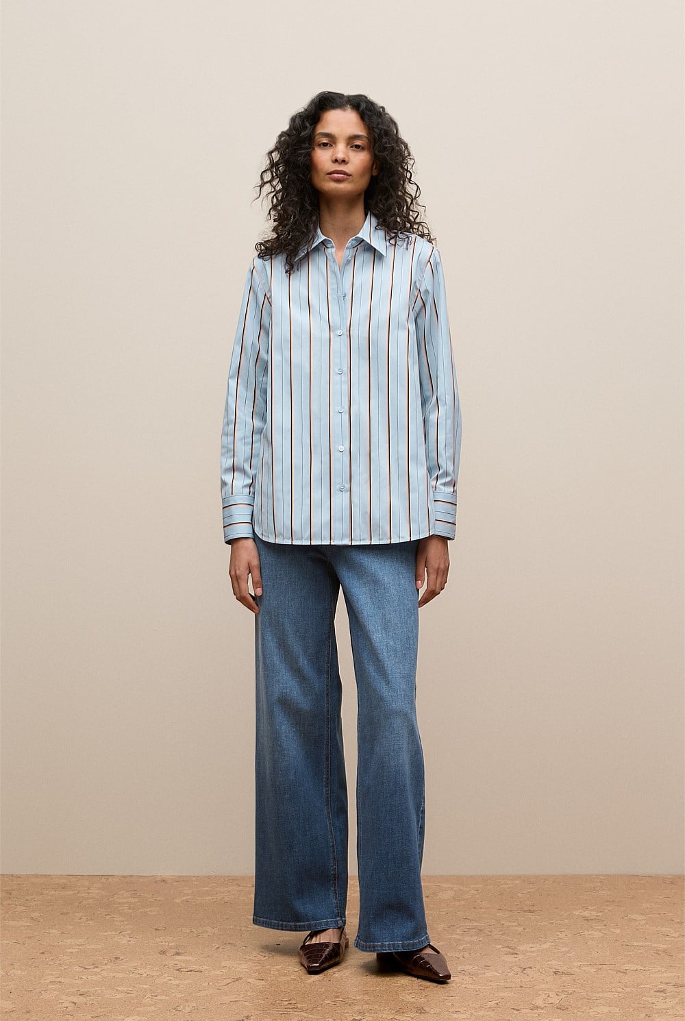 Sky Jacquard Stripe Long Sleeve Shirt - WOMEN The Cotton Edit