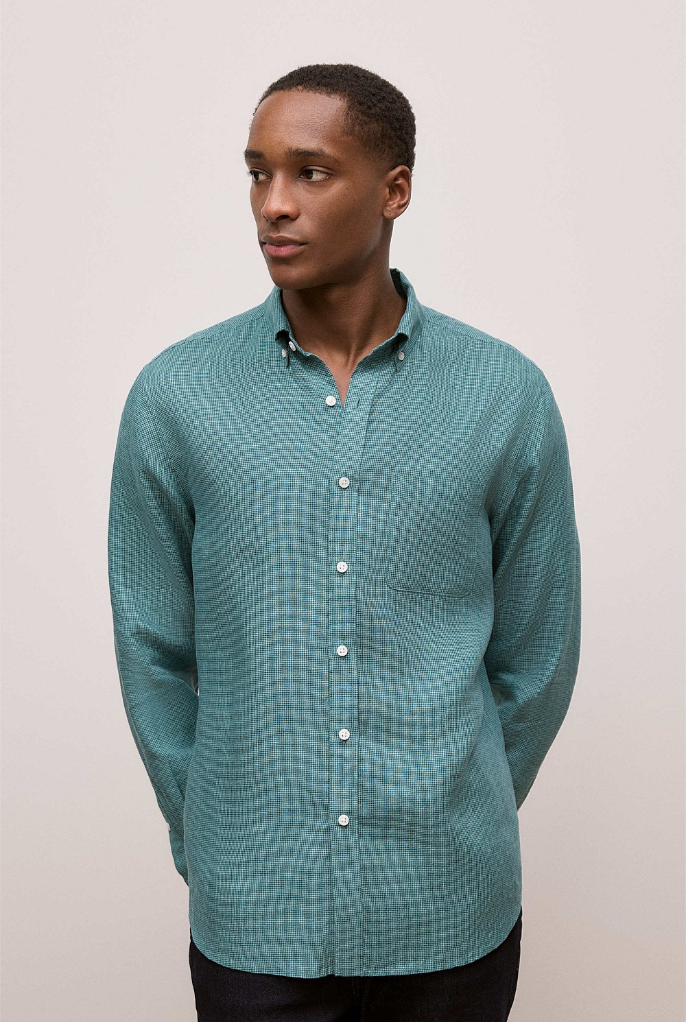Jade Green Regular Fit Linen Micro Check Long Sleeve Shirt - MEN