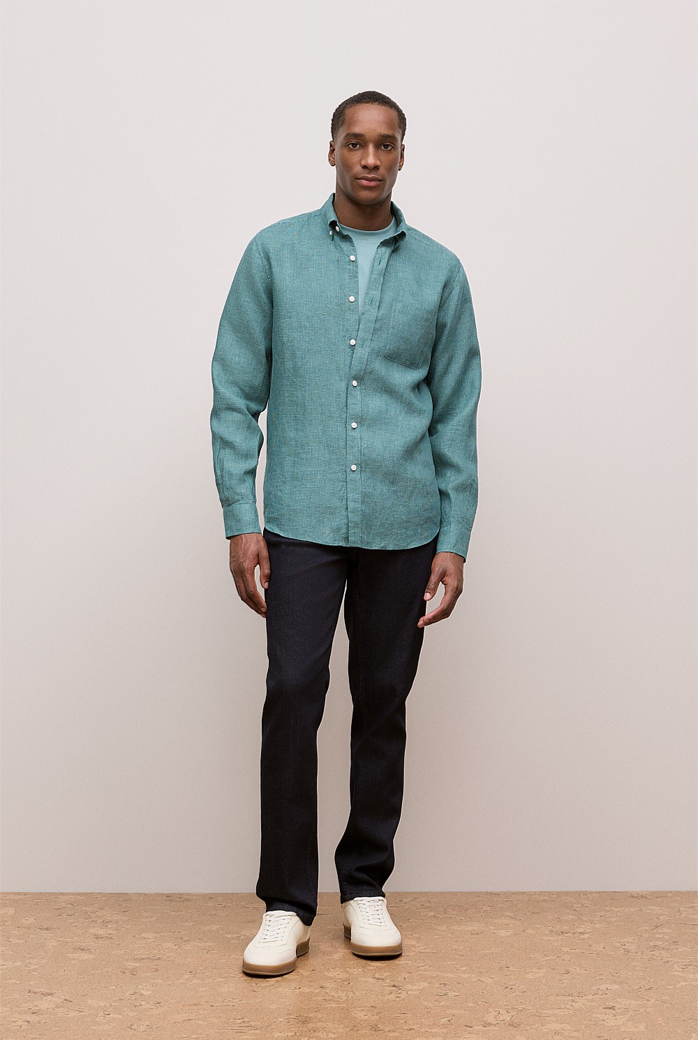 Jade Green Regular Fit Linen Micro Check Long Sleeve Shirt - MEN
