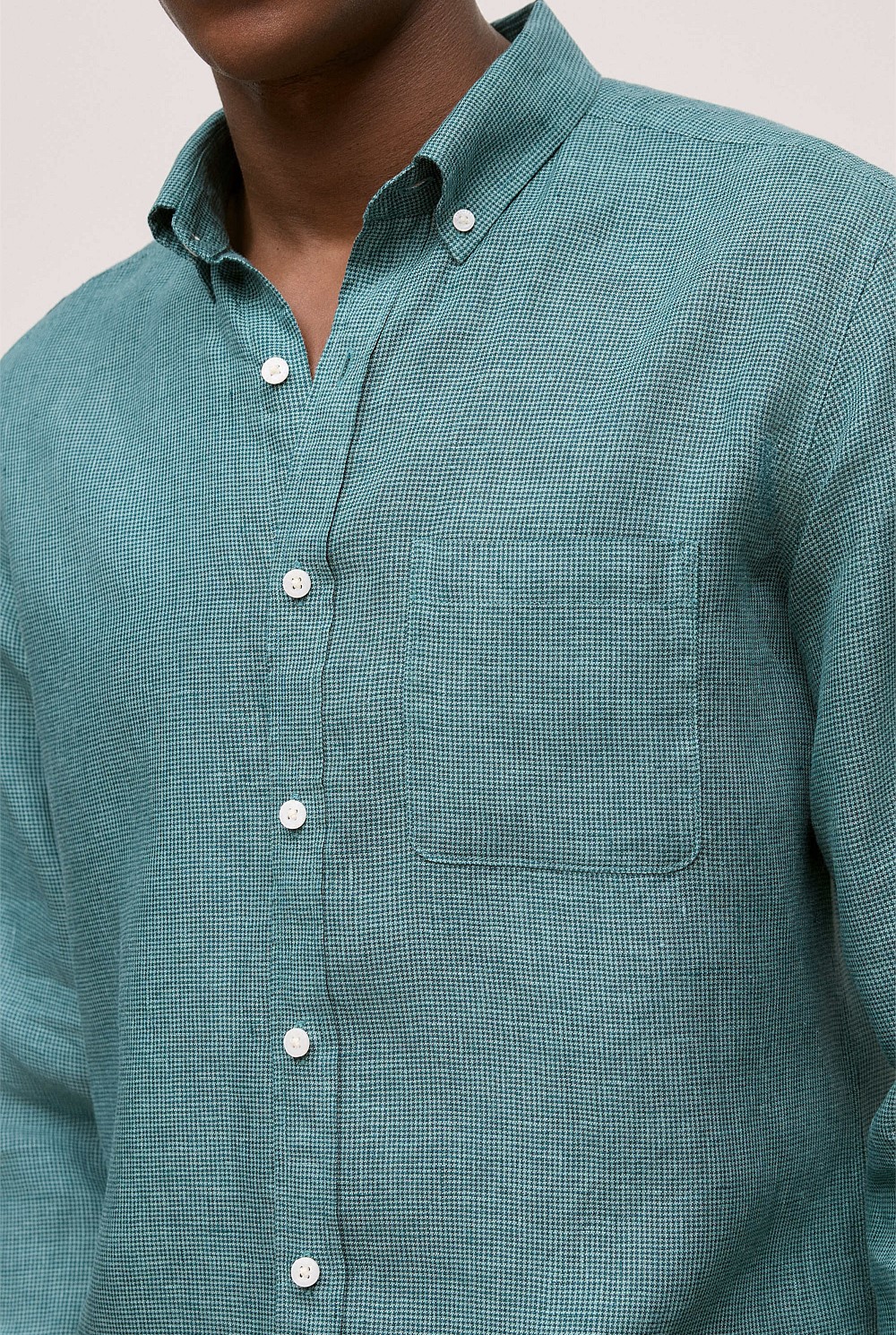 Jade Green Regular Fit Linen Micro Check Long Sleeve Shirt - MEN