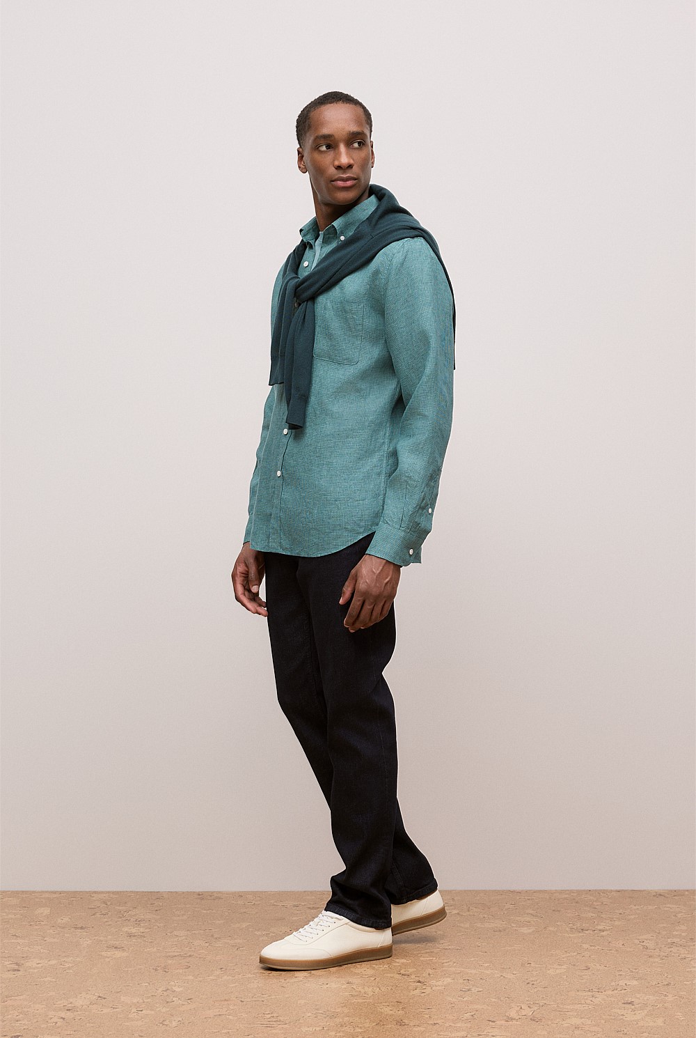 Jade Green Regular Fit Linen Micro Check Long Sleeve Shirt - MEN